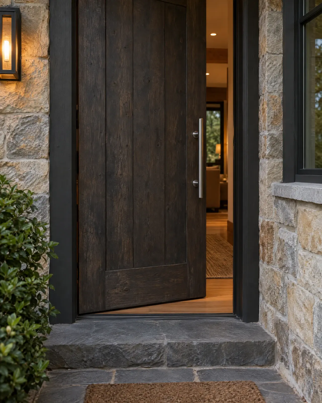An open timber door and warm lantern at the house entrance