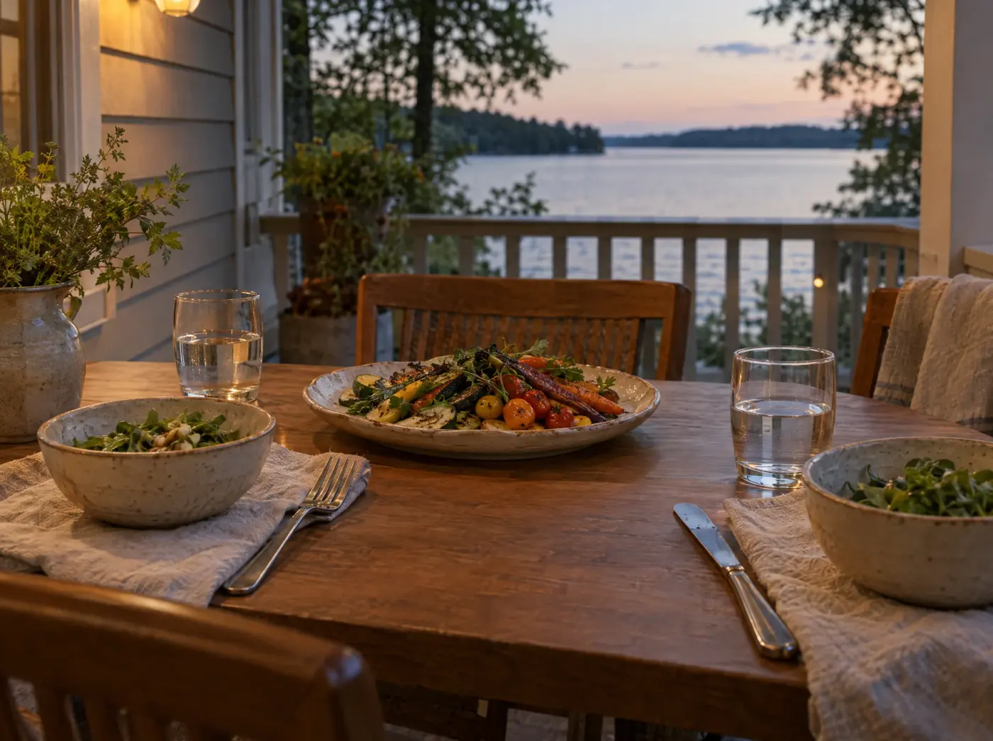 A seasonal dinner served on the timber porch overlooking the lake
