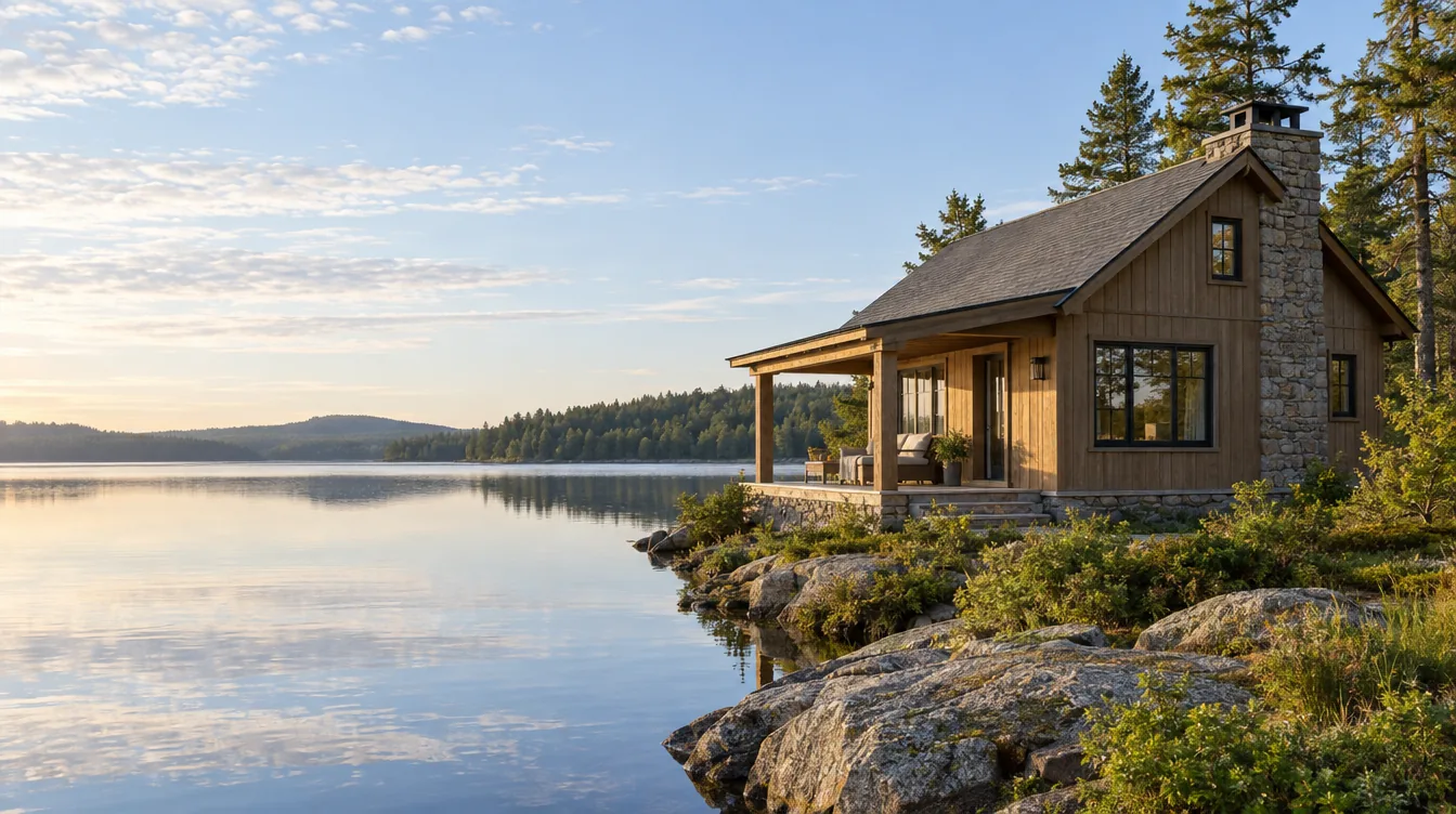 Stillwater House beside a quiet lake at the edge of the woodland